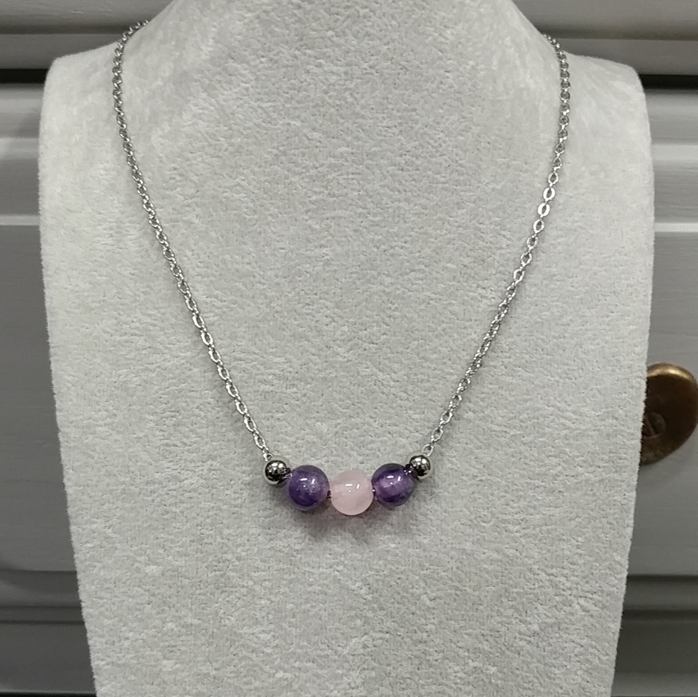Amethyst Rose Quartz Three Bead Necklace Natural Gemstone Crystal StainlessSteel